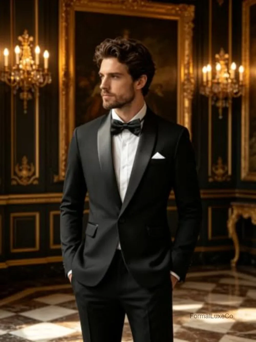 Men's Shawl Lapel Tuxedo 2 Piece Set with Bow Tie, One Button, Satin Lapel,